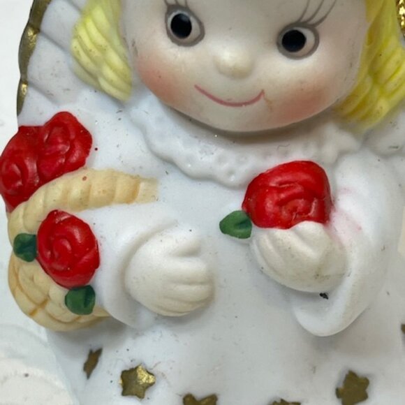 VTG 80's Angel Christmas Bell Tree Ornament Ceramic with Red Roses 2"x3" - Picture 11 of 13